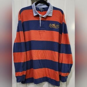 Polo Ralph Lauren Orange Blue Striped Rugby Long Sleeve Polo Shirt Men's Size XL
